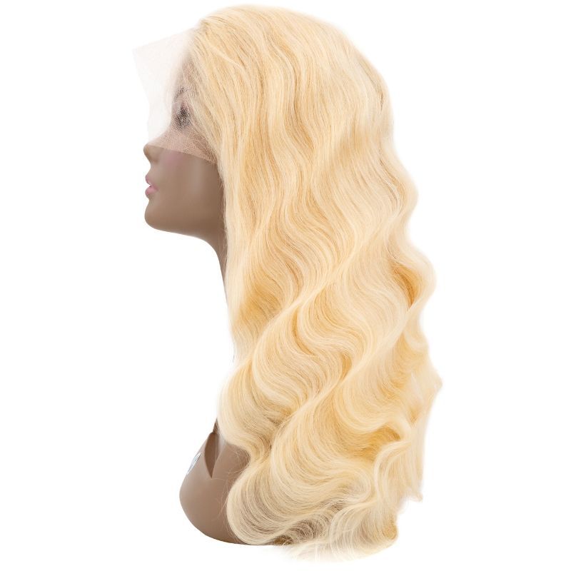  a blonde front lace wig made from virgin hair, featuring a natural hairline and a realistic scalp. The wig is styled in loose waves and falls just below the shoulders. The hair has a soft, silky texture and a light, airy feel. It is an ideal choice for anyone looking for a stylish and natural-looking hair replacement option.