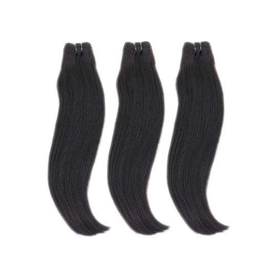 Raw Vietnamese Straight Hair Bundle Deals from Nikki Smith Hair Collection. High-quality 12A silky straight hair available in lengths from 10” to 30”. Includes three bundles per deal, each weighing 100 grams, with machine double stitch wefts for durability.