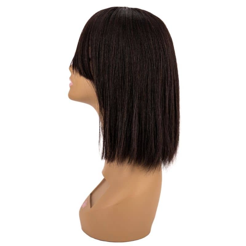 Side view of the Straight Bang Bob Wig, highlighting the bob cut and bangs, showing its natural flow and style.