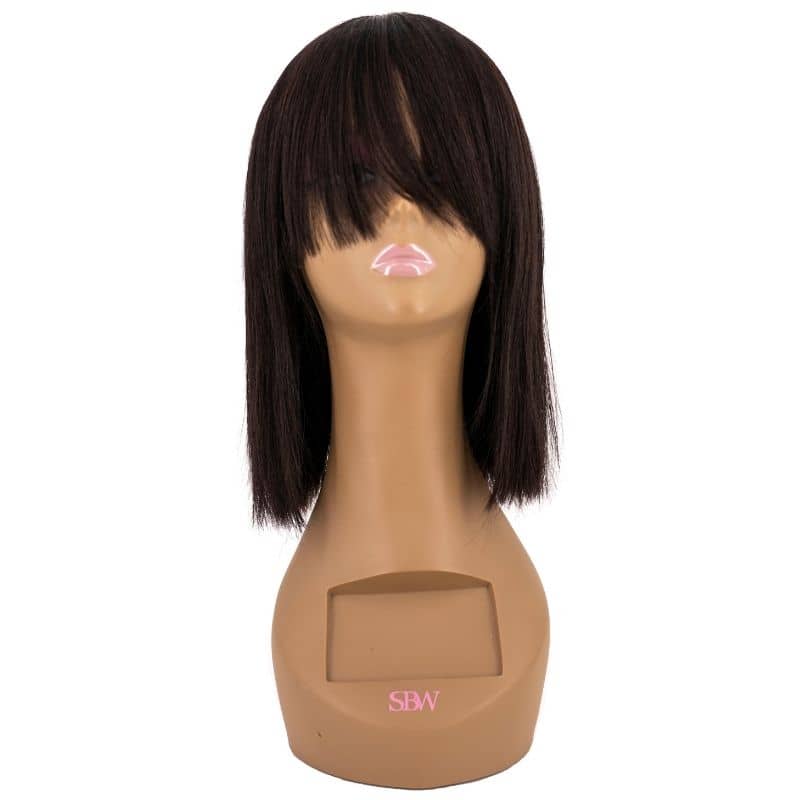Front view of the Straight Bang Bob Wig from Nikki Smith Hair Collection, showcasing its sleek, stylish bob cut with bangs.