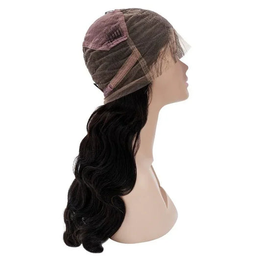 Body Wave Full Lace Wig from Nikki Smith Hair Collection, made with natural 1B human hair. The wig features full lace construction for a secure fit, 130% density, and versatile styling. Available in lengths from 10” to 26” for a natural, voluminous body wave look