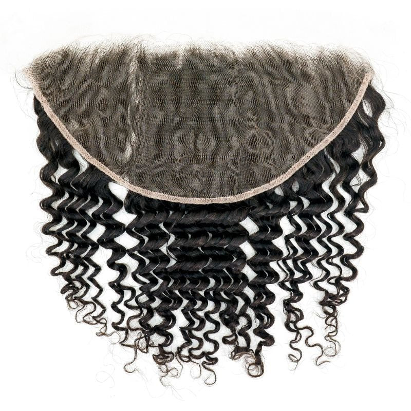 Back view of HD Brazilian Deep Wave Frontal showing the lace and hair texture, designed for a seamless blend.