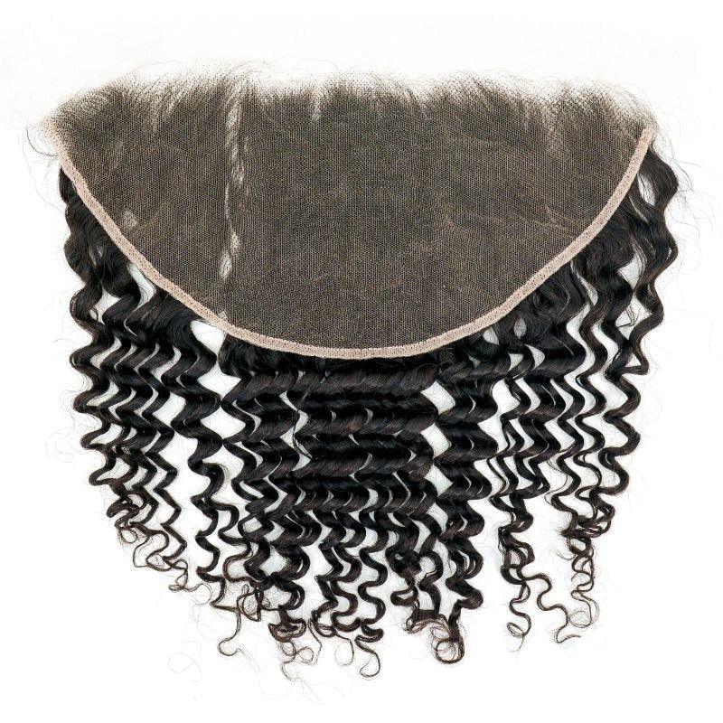 Back view of HD Brazilian Deep Wave Frontal showing the lace and hair texture, designed for a seamless blend.