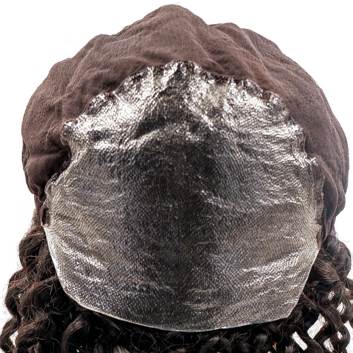 Top view of the Curly Skin Polyurethane Medical Wig, showcasing the natural 1B curly hair color and lightweight construction.