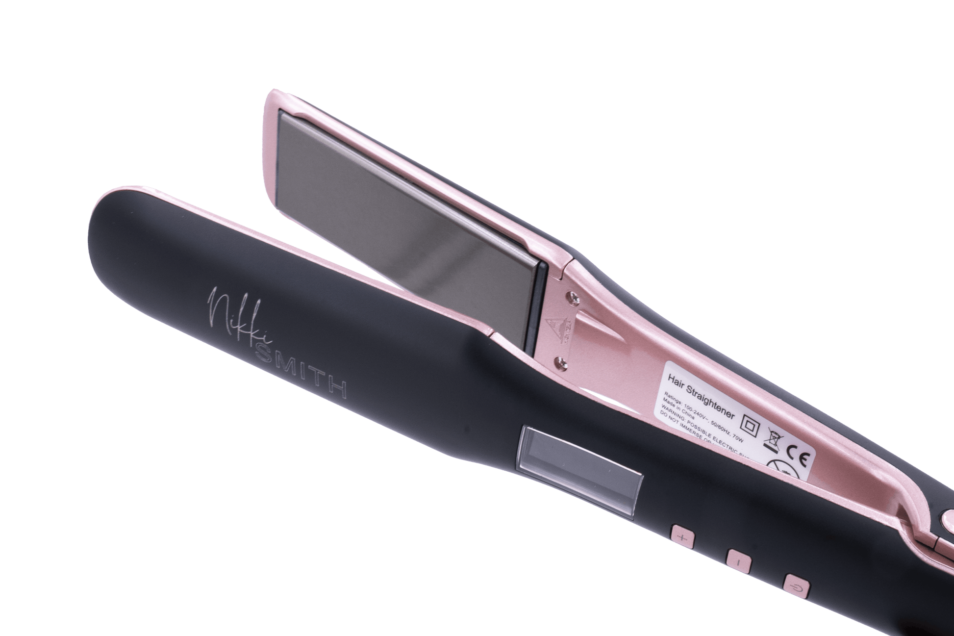 High-resolution image of the black and pink titanium flat iron with sleek plates for fast styling.