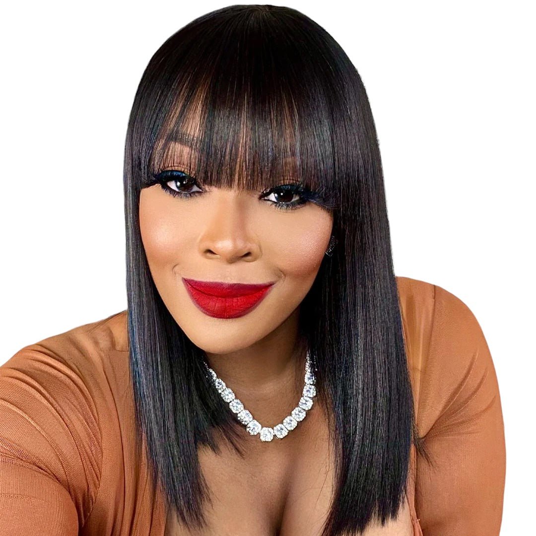 Close-up of the Straight Bang Bob Wig, displaying its human hair texture and bangs, perfect for a natural look.