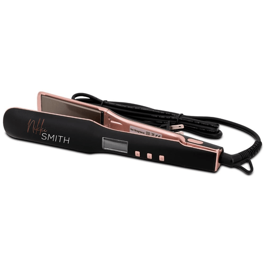 Image of Nikki Smith's Black and Pink Titanium Flat Iron, showcasing the sleek design and 1.75-inch plates.