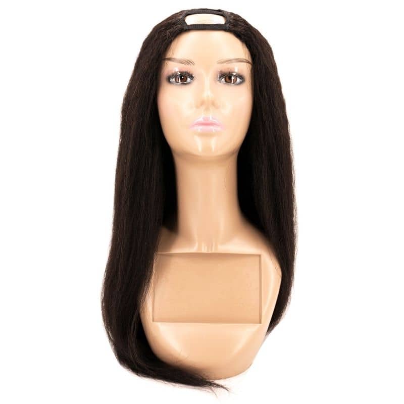 Close-up of the Brazilian Kinky Straight U-Part Wig highlighting the realistic, kinky straight texture and versatile styling options.